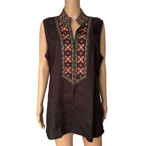 Chico's Vintage Y2K Brown 100% Linen Bohemian Embroidered Vest top size 3/XL
